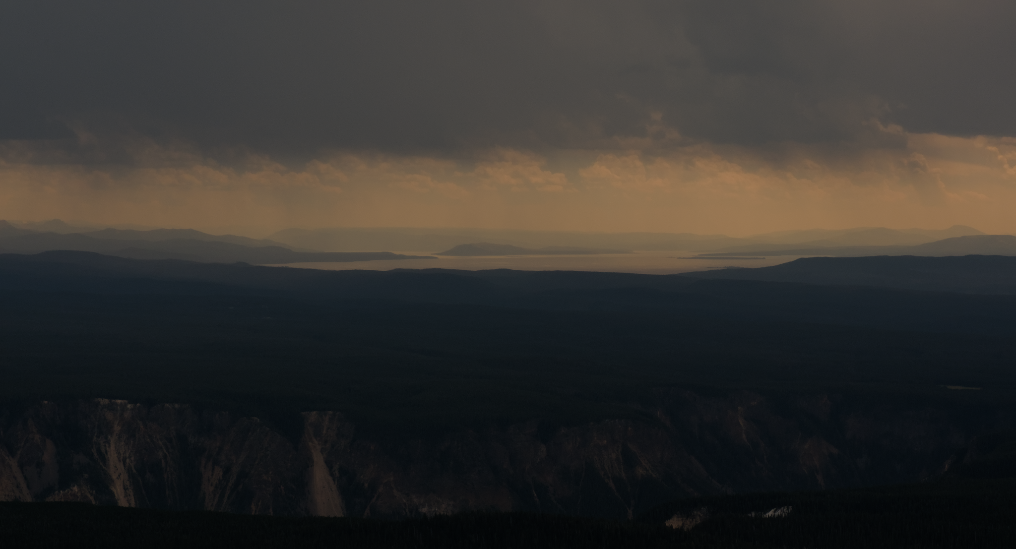 Yellowstone Lake from a distance, with a storm approaching.